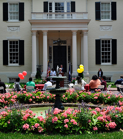 The front of the Executive Mansion decorated for Juneteenth.