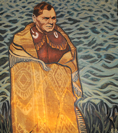 Stylized portrait of Chief Walter Bradby, wearing traditional clothing in front of a textured blue background.