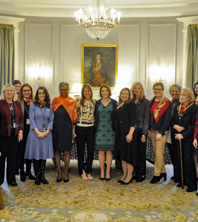 First Lady Suzanne S. Youngkin poses with Lieutenant Governor Winsome Earle Sears, female legislators of the Virginia General Assembly, female cabinet members and staff.