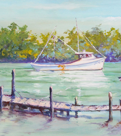 oil painting of a boat near a dock