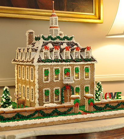 A gingerbread model of the Governor's Palace in Williamsburg.