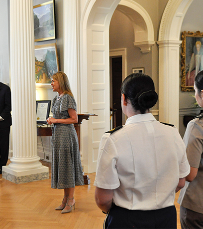 The First Lady addresses a group of female veterans and servicewomen.