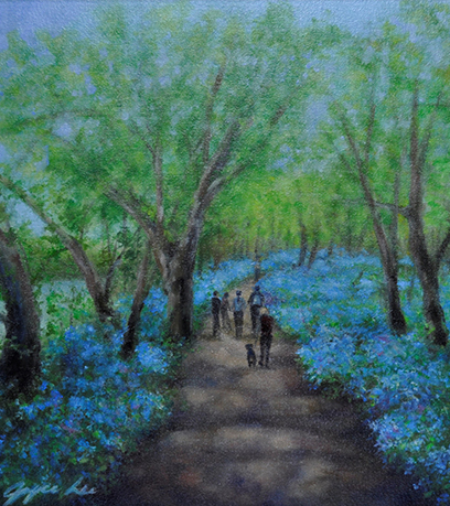 A painting of bluebells lining a path through a lush green forest. People are walking on the path.