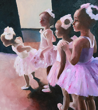 Catherine Kauffman's painting 'Waiting in the Wings': four young ballerinas waiting back stage for a performance.