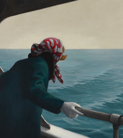 A painting of a woman wearing a red and white head scarf peering over the side of a ferry looking down onto a sea of blue water. Painted by Barclay Sheaks.