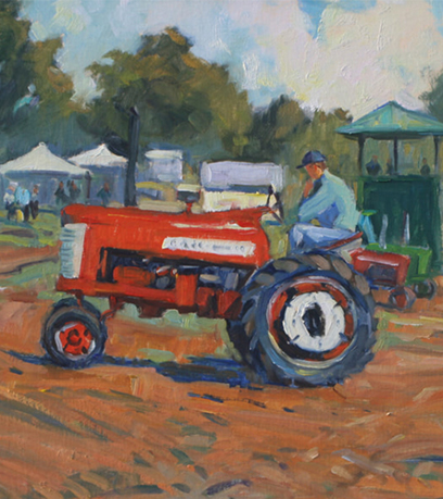 Painting by Maria Reardon featuring a red tractor being operated by a man in a cap and blue shirt.