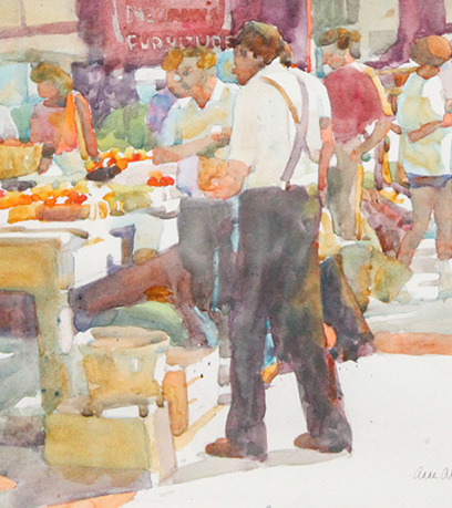 A watercolor painting of a farmers market.