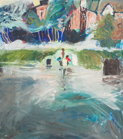 A painting of three kids playing in the water.