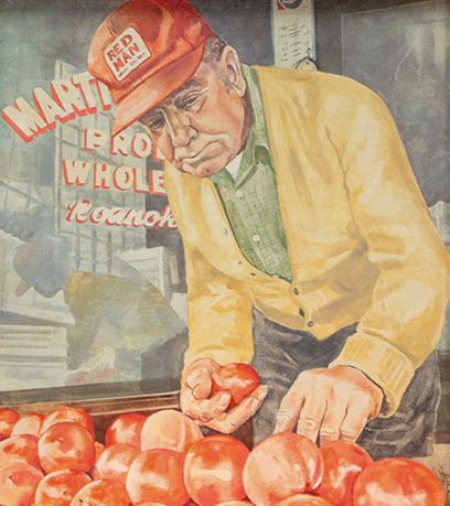 A painting of a man with a crate of tomatoes.