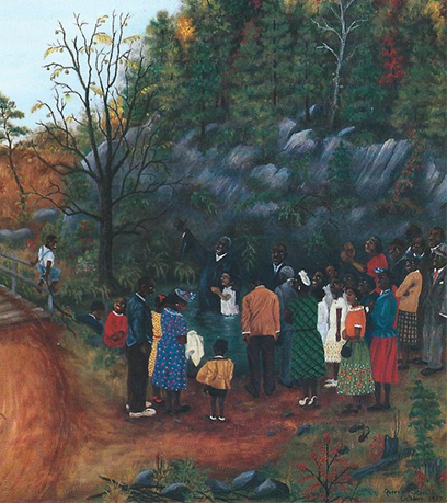 A painting by Queena Stovall depicting a baptism by a river.