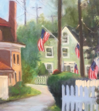 painting of colorful houses with American flags